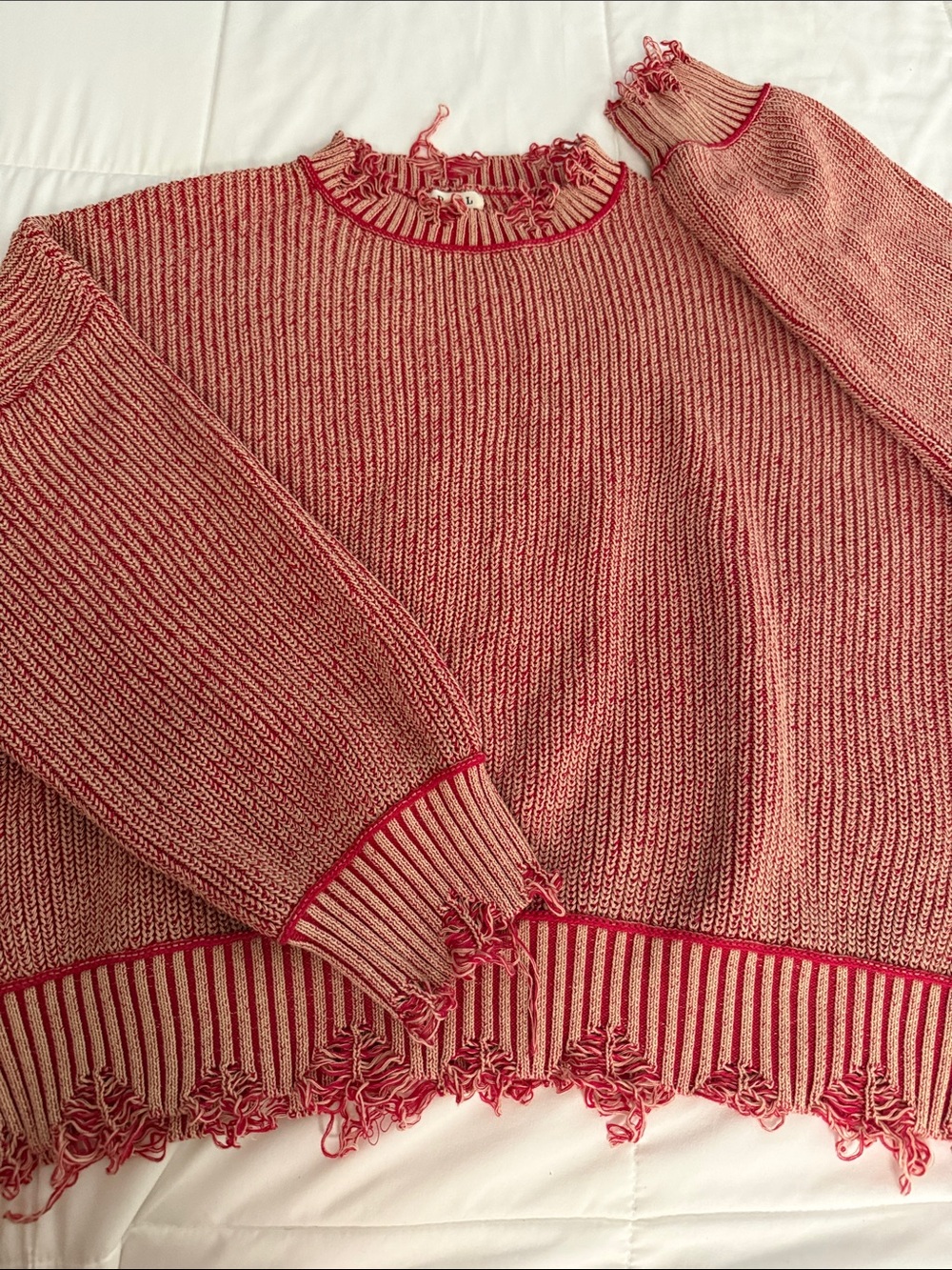 POL Red Heathered Distressed Crewneck Sweater